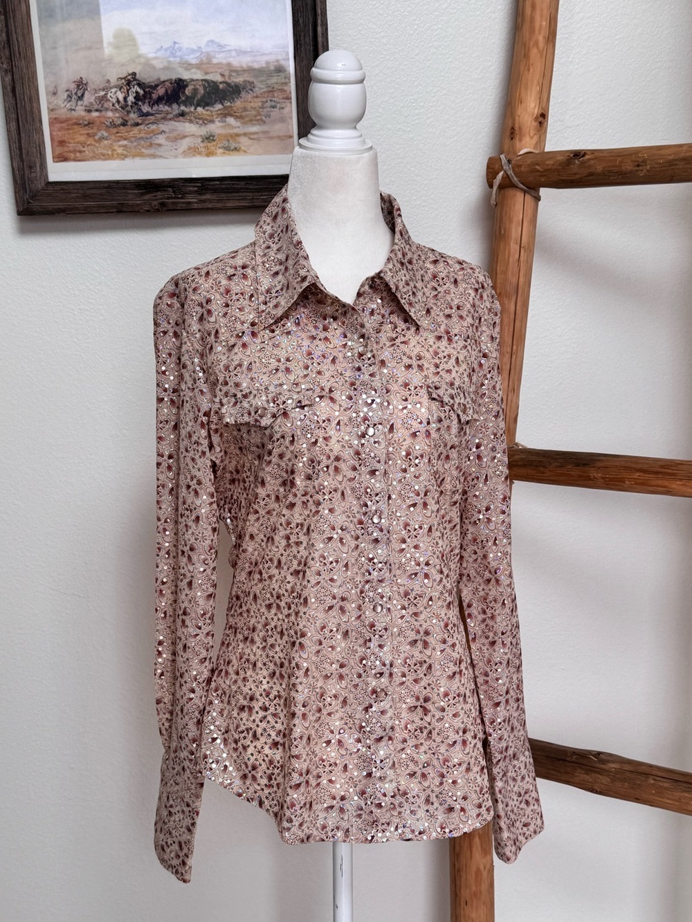 Roper Beige Pink Floral Sequin Western Shirt